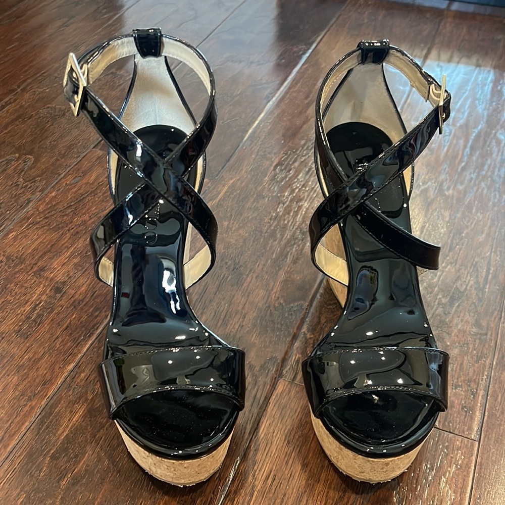 NWT Brand New Jimmy Choo Portia 120 Black Patent Leather Wedges 36 6 Women’s - Picture 5 of 17